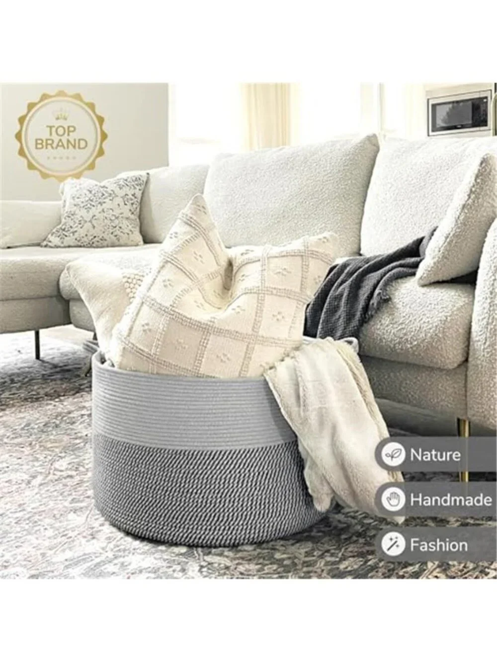New XXXLarge Woven Rope Blanket Basket Living Room Grey, 90L